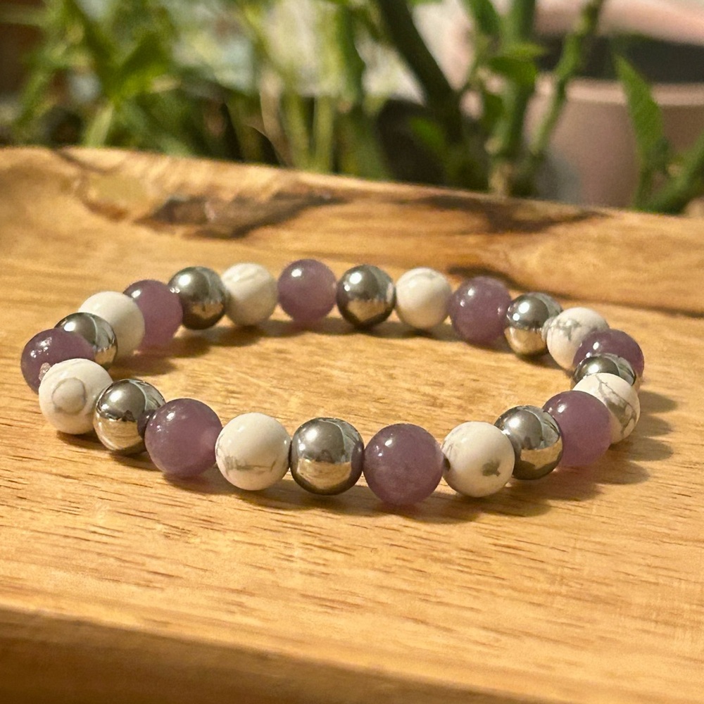 Handmade Lepidolite + Howlite + Hematite Beaded Bracelet